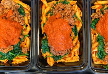 Italian Ground Turkey over Organic Brown Rice Pasta & Spinach