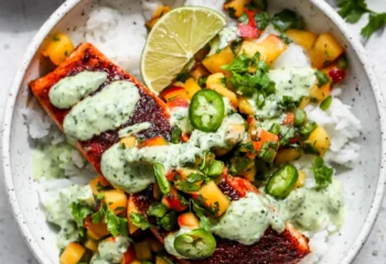 Blackened Salmon with Peach-Jalapeno Salsa & Creamy Cilantro Sauce