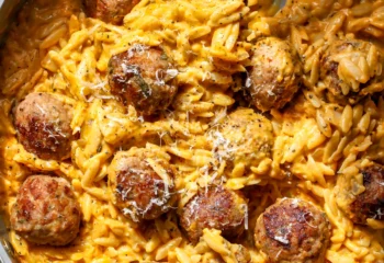 Fall Turkey Meatballs with Creamy Pumpkin Orzo & Parmesan.