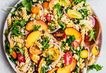 Peach, Tomato & Corn Arugula Pasta Salad
