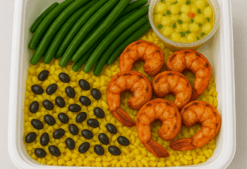 Jerk Shrimp with Yellow Rice & Beans, Cabbage & Pineapple Salsa