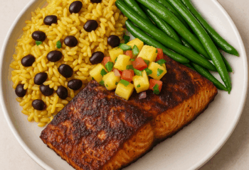 Jerk Salmon with Yellow Rice & Beans, Cabbage & Pineapple Salsa