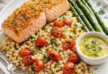 Panko Crusted Salmon over Pearled Couscous & Blistered Tomatoes