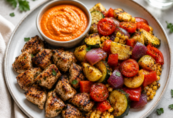 Chopped Chicken, Summer Vegetables & Roasted Red Pepper Feta Sauce