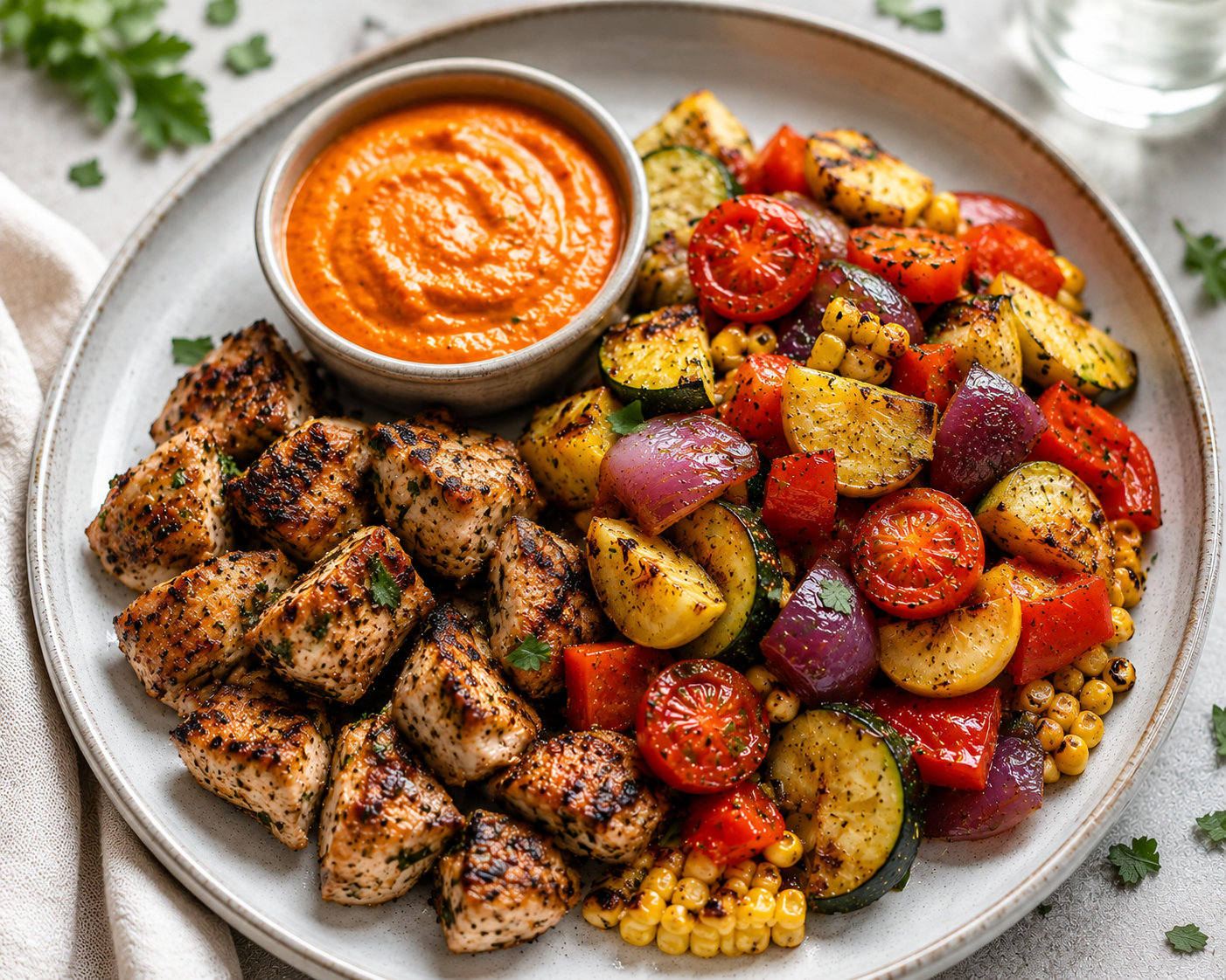 Chopped Chicken, Summer Vegetables & Roasted Red Pepper Feta Sauce